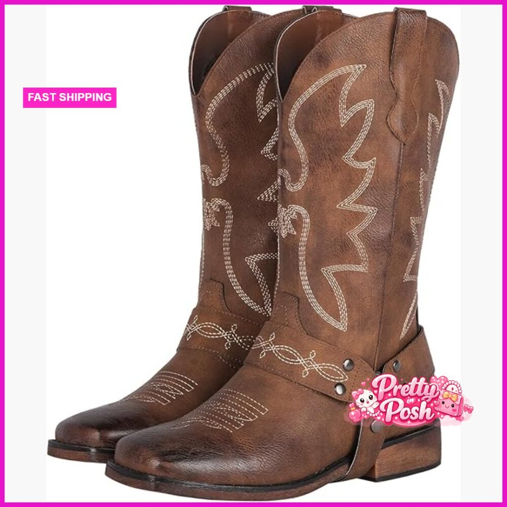 Faux Leather Square Toe Cowboy Boots With Detachable Buckle Strap